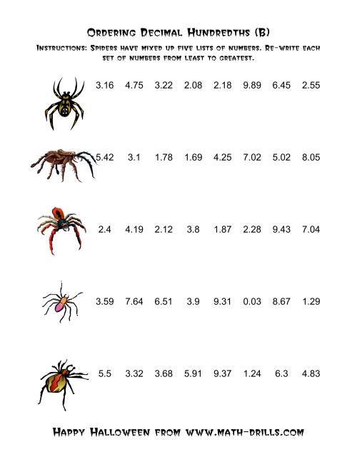 The Spiders Ordering Decimal Hundredths (B) Math Worksheet