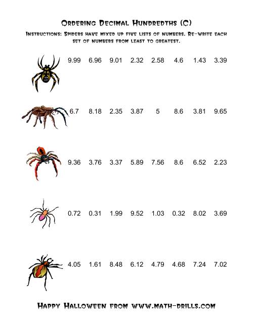 The Spiders Ordering Decimal Hundredths (C) Math Worksheet