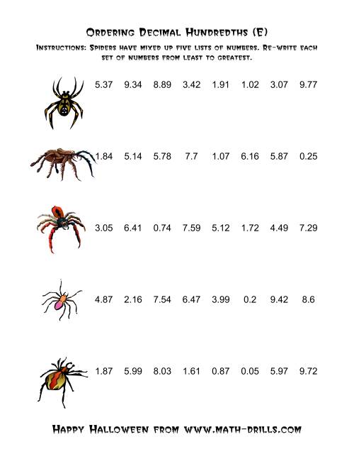 The Spiders Ordering Decimal Hundredths (E) Math Worksheet