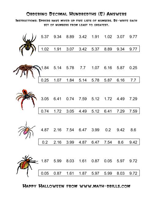 The Spiders Ordering Decimal Hundredths (E) Math Worksheet Page 2