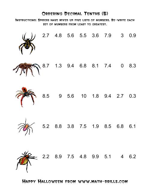 The Spiders Ordering Decimal Tenths (B) Math Worksheet