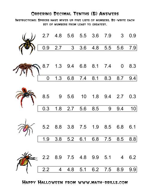 The Spiders Ordering Decimal Tenths (B) Math Worksheet Page 2