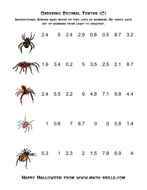 The Spiders Ordering Decimal Tenths (C) Math Worksheet