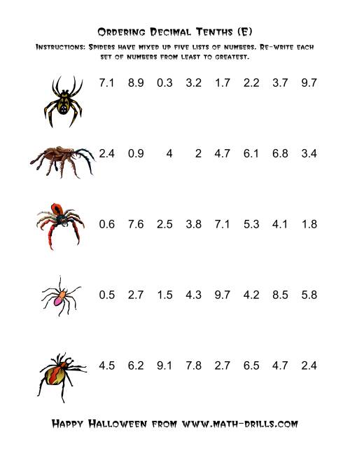 The Spiders Ordering Decimal Tenths (E) Math Worksheet