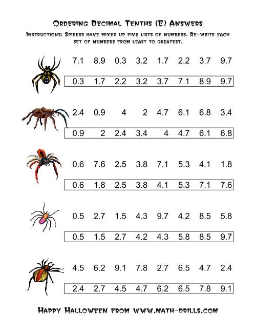 The Spiders Ordering Decimal Tenths (E) Math Worksheet Page 2
