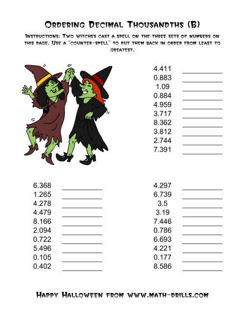 The Witches Ordering Decimal Thousandths (B) Math Worksheet