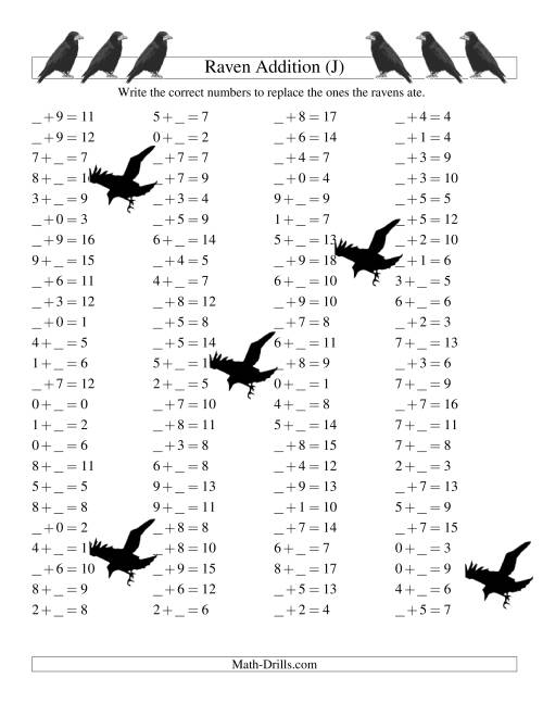 The Raven Addition with Missing Terms (J) Math Worksheet