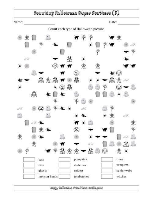 The Counting Halloween Pictures in Scattered Arrangements (About 50 Percent Full) (F) Math Worksheet
