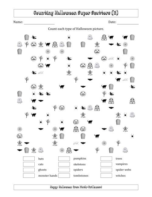 The Counting Halloween Pictures in Scattered Arrangements (About 50 Percent Full) (G) Math Worksheet