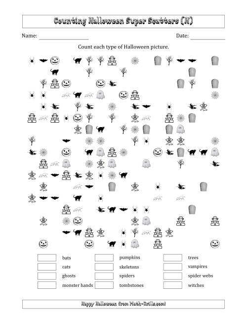 The Counting Halloween Pictures in Scattered Arrangements (About 50 Percent Full) (H) Math Worksheet