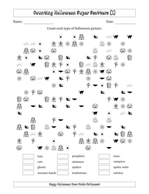 The Counting Halloween Pictures in Scattered Arrangements (About 50 Percent Full) (I) Math Worksheet