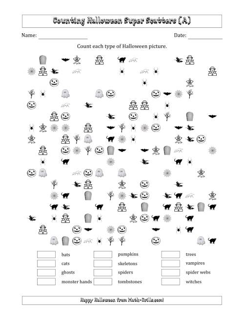 The Counting Halloween Pictures in Scattered Arrangements (About 50 Percent Full) (All) Math Worksheet