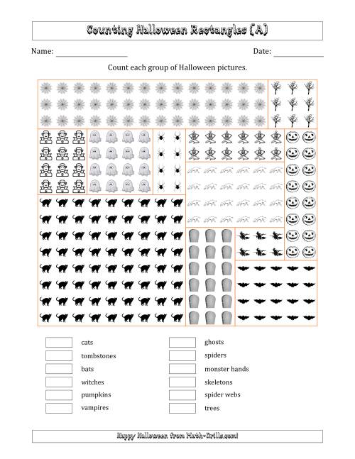 The Counting Halloween Pictures in Rectangular Arrangements in a Rectangle (A) Math Worksheet