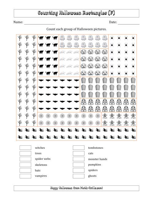 The Counting Halloween Pictures in Rectangular Arrangements in a Rectangle (F) Math Worksheet
