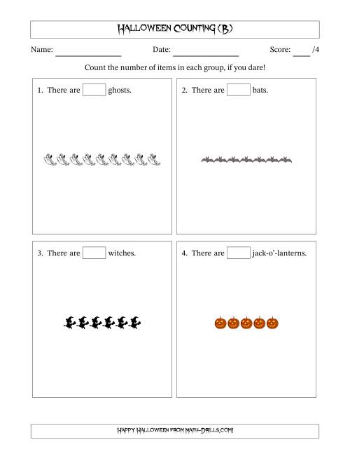 The Counting Halloween Objects in Horizontal Linear Arrangements (B) Math Worksheet