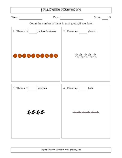 The Counting Halloween Objects in Horizontal Linear Arrangements (C) Math Worksheet