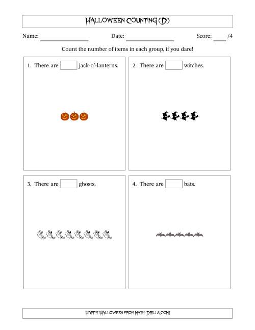 The Counting Halloween Objects in Horizontal Linear Arrangements (D) Math Worksheet