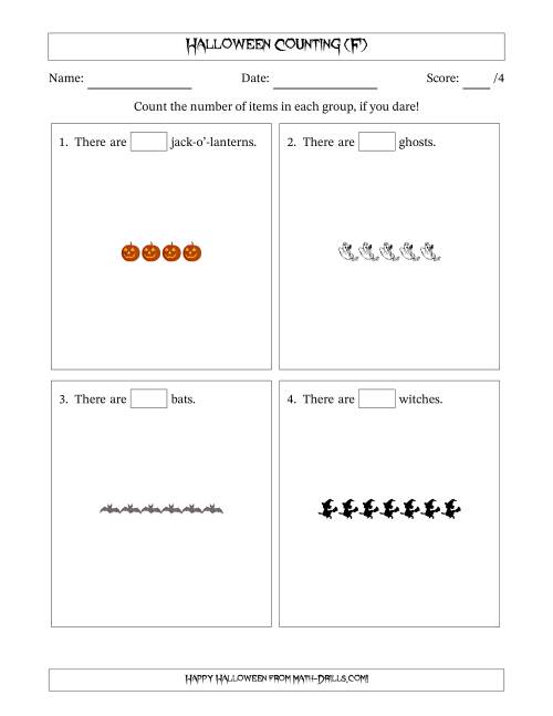 The Counting Halloween Objects in Horizontal Linear Arrangements (F) Math Worksheet
