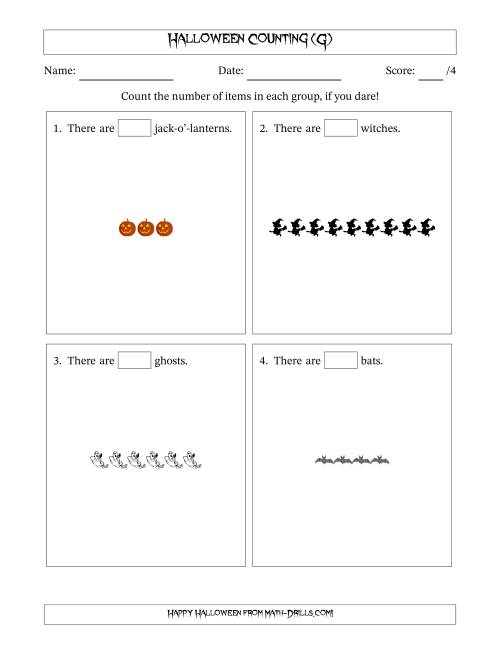 The Counting Halloween Objects in Horizontal Linear Arrangements (G) Math Worksheet