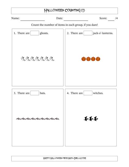 The Counting Halloween Objects in Horizontal Linear Arrangements (I) Math Worksheet