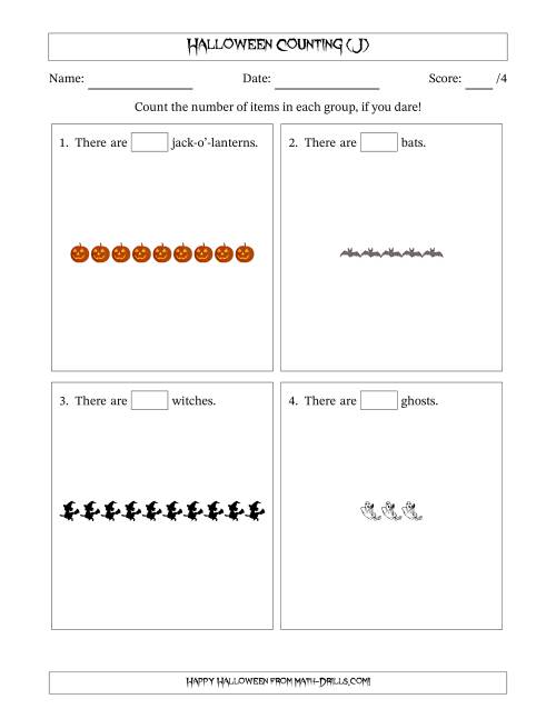 The Counting Halloween Objects in Horizontal Linear Arrangements (J) Math Worksheet