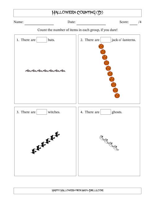 The Counting Halloween Objects in Rotated Linear Arrangements (D) Math Worksheet