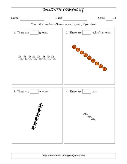 The Counting Halloween Objects in Rotated Linear Arrangements (G) Math Worksheet