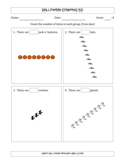 The Counting Halloween Objects in Rotated Linear Arrangements (H) Math Worksheet