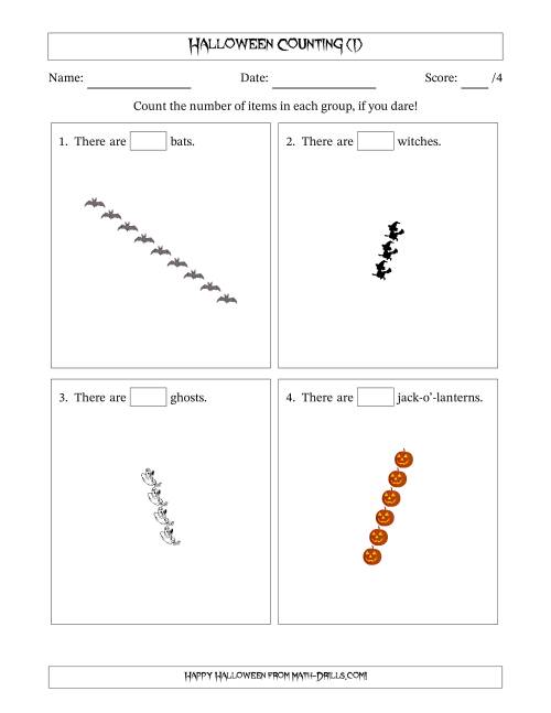 The Counting Halloween Objects in Rotated Linear Arrangements (I) Math Worksheet