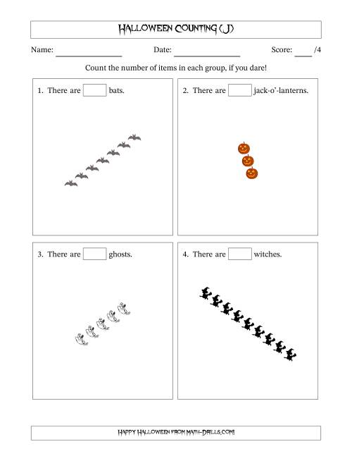 The Counting Halloween Objects in Rotated Linear Arrangements (J) Math Worksheet