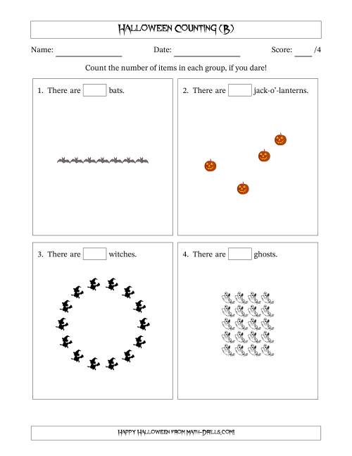 The Counting Halloween Objects in Various Arrangements (Easier Version) (B) Math Worksheet