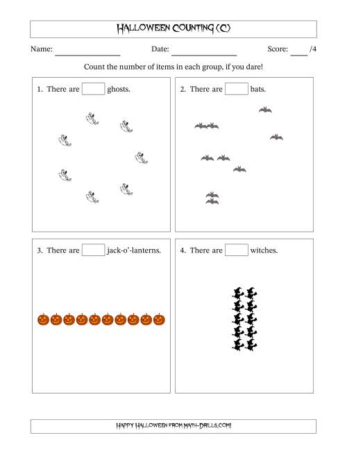 The Counting Halloween Objects in Various Arrangements (Easier Version) (C) Math Worksheet