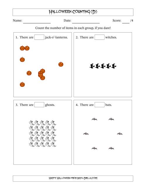 The Counting Halloween Objects in Various Arrangements (Easier Version) (D) Math Worksheet