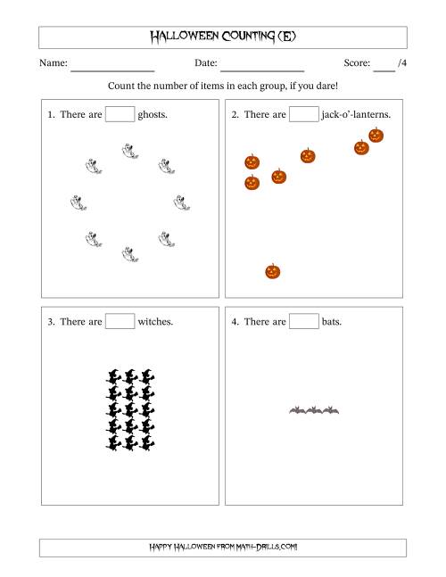 The Counting Halloween Objects in Various Arrangements (Easier Version) (E) Math Worksheet