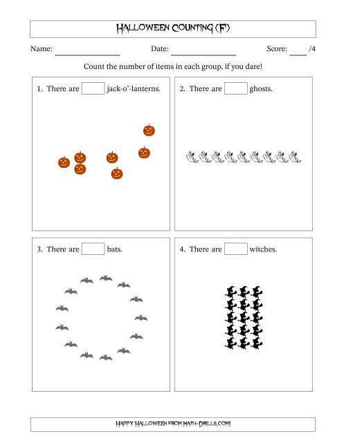 The Counting Halloween Objects in Various Arrangements (Easier Version) (F) Math Worksheet
