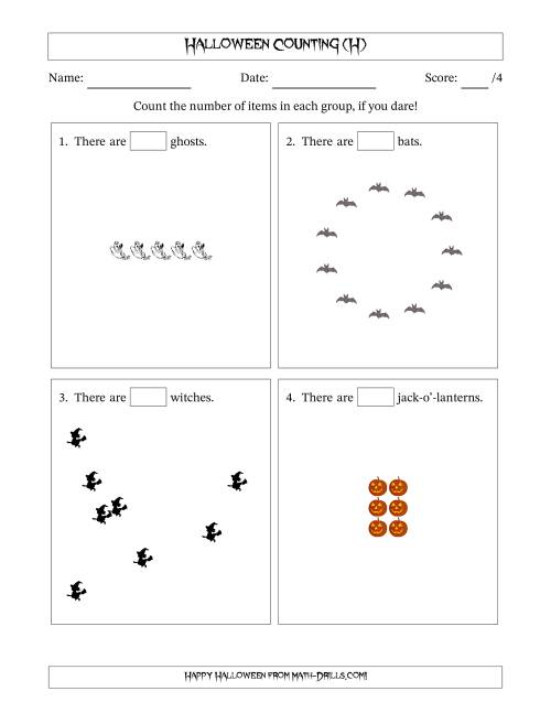The Counting Halloween Objects in Various Arrangements (Easier Version) (H) Math Worksheet