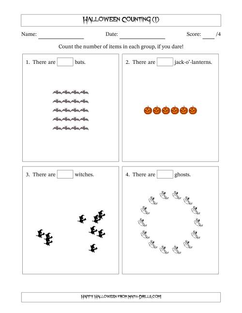 The Counting Halloween Objects in Various Arrangements (Easier Version) (I) Math Worksheet