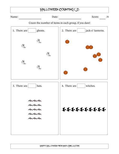 The Counting Halloween Objects in Various Arrangements (Easier Version) (J) Math Worksheet