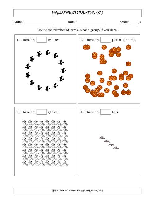 The Counting Halloween Objects in Various Arrangements (Harder Version) (C) Math Worksheet