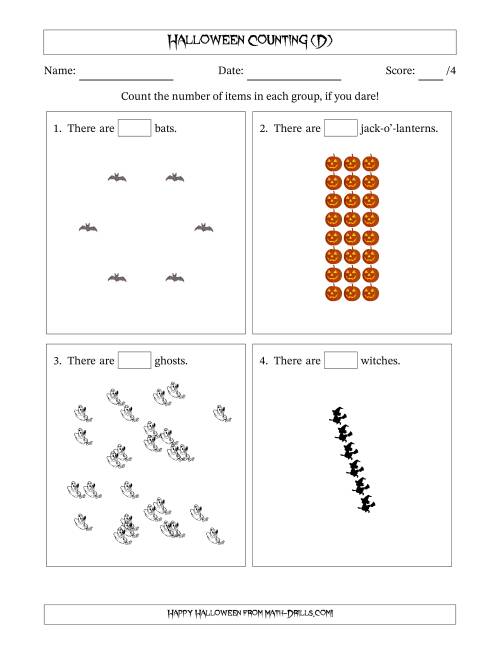 The Counting Halloween Objects in Various Arrangements (Harder Version) (D) Math Worksheet