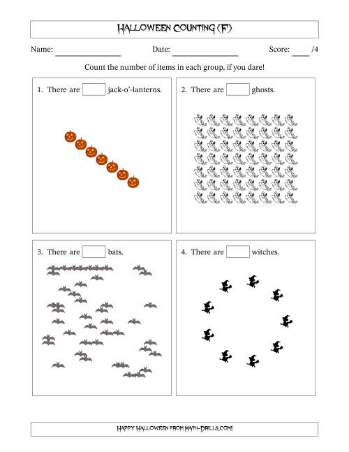 The Counting Halloween Objects in Various Arrangements (Harder Version) (F) Math Worksheet