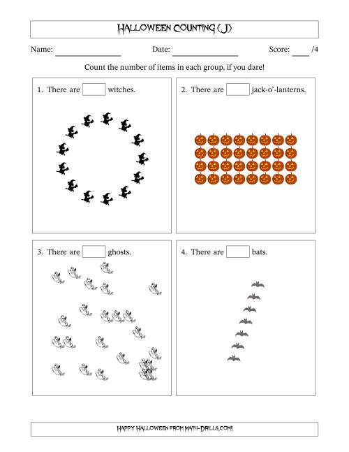 The Counting Halloween Objects in Various Arrangements (Harder Version) (J) Math Worksheet