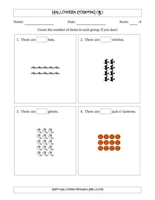 The Counting Halloween Objects in Rectangular Arrangements (Maximum Dimension 5) (B) Math Worksheet