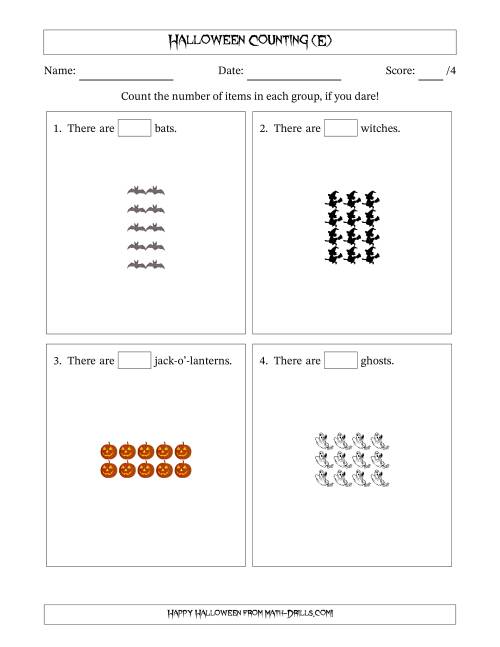 The Counting Halloween Objects in Rectangular Arrangements (Maximum Dimension 5) (E) Math Worksheet
