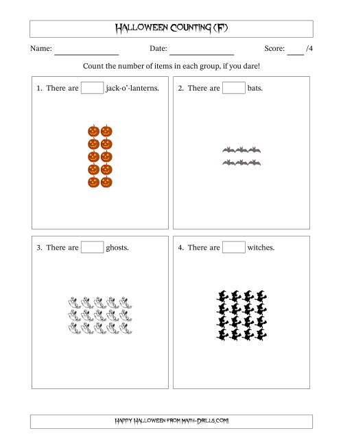 The Counting Halloween Objects in Rectangular Arrangements (Maximum Dimension 5) (F) Math Worksheet