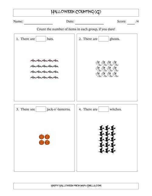 The Counting Halloween Objects in Rectangular Arrangements (Maximum Dimension 5) (G) Math Worksheet