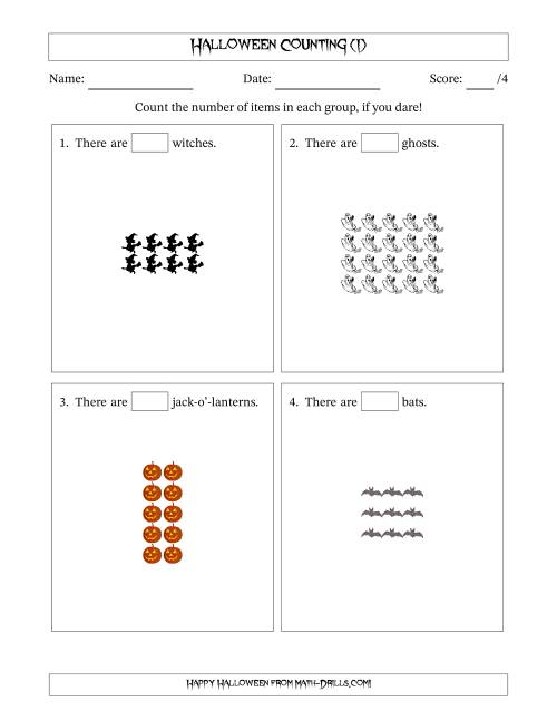 The Counting Halloween Objects in Rectangular Arrangements (Maximum Dimension 5) (I) Math Worksheet