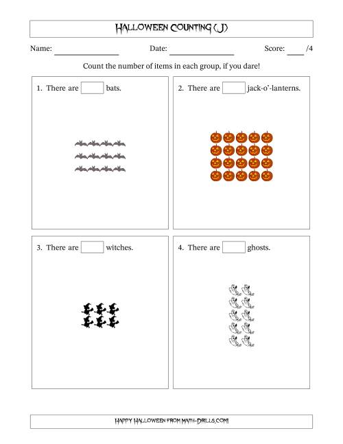 The Counting Halloween Objects in Rectangular Arrangements (Maximum Dimension 5) (J) Math Worksheet