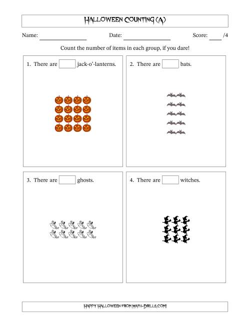 The Counting Halloween Objects in Rectangular Arrangements (Maximum Dimension 5) (All) Math Worksheet