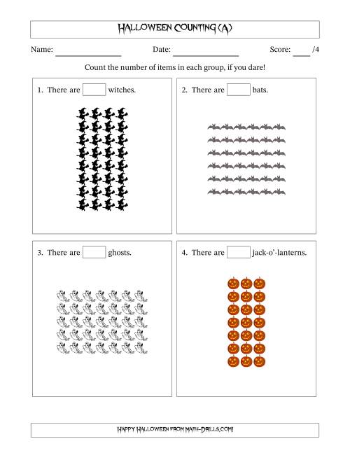The Counting Halloween Objects in Rectangular Arrangements (Maximum Dimension 9) (A) Math Worksheet